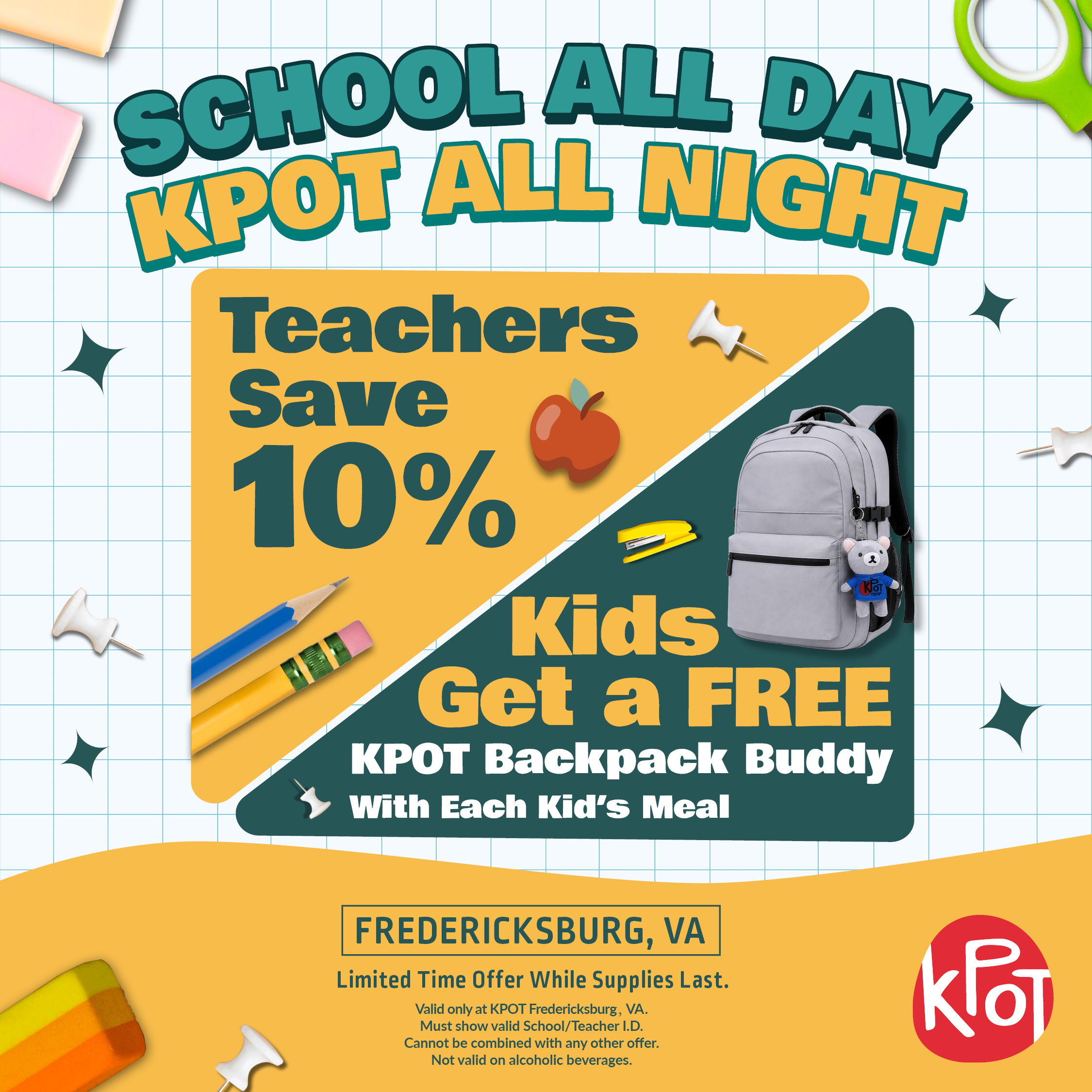 KPOT Fredericksburg, VA Teachers Save, Kids get a free Backpack Buddy