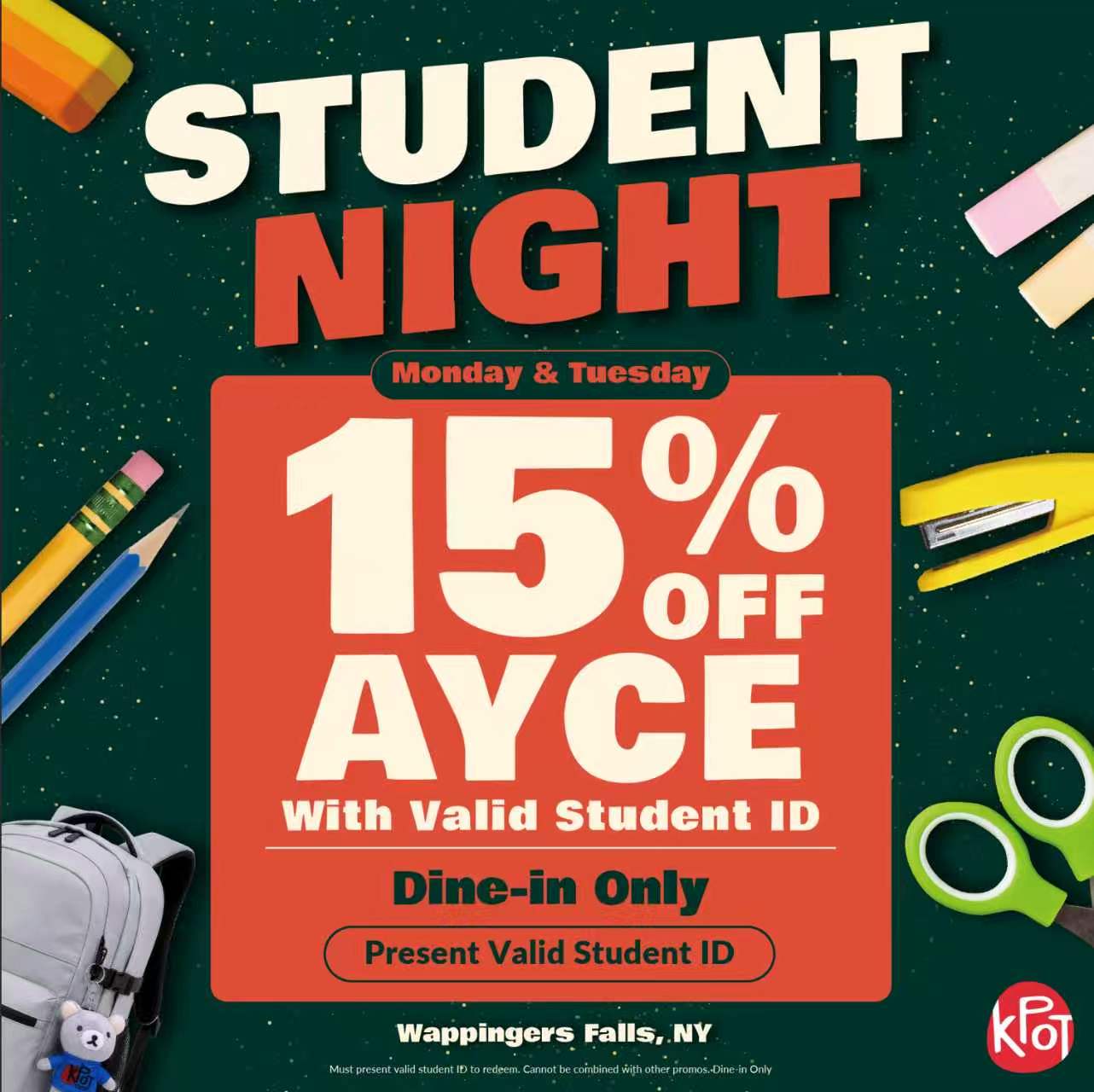 Student night: 15% off AYCE