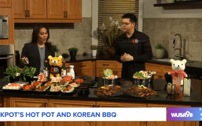 WUSA9 TV segment: KPOT’s hot pot and Korean BBQ, hosts in a studio kitchen with KPOT dishes